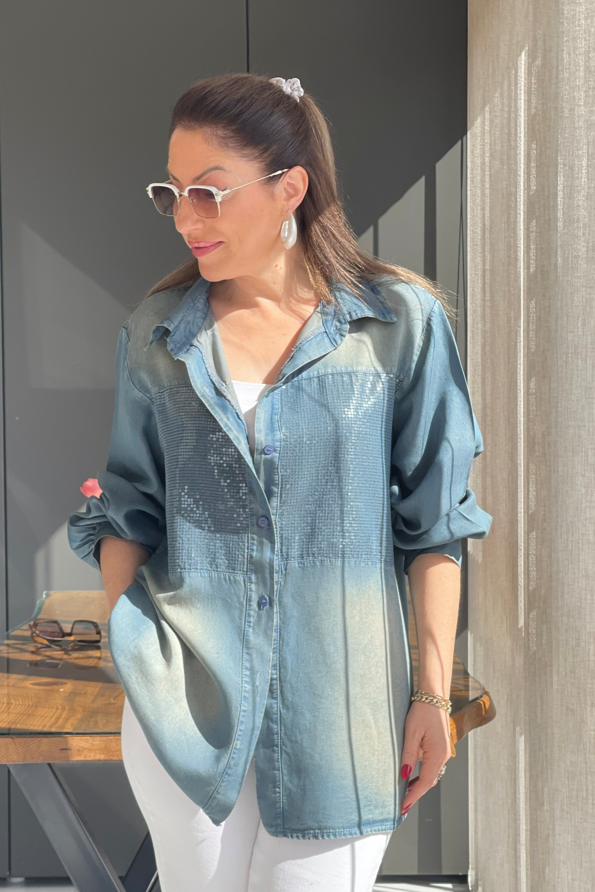 Women Collar Sequined Patchwork Tencel Denim Shirt