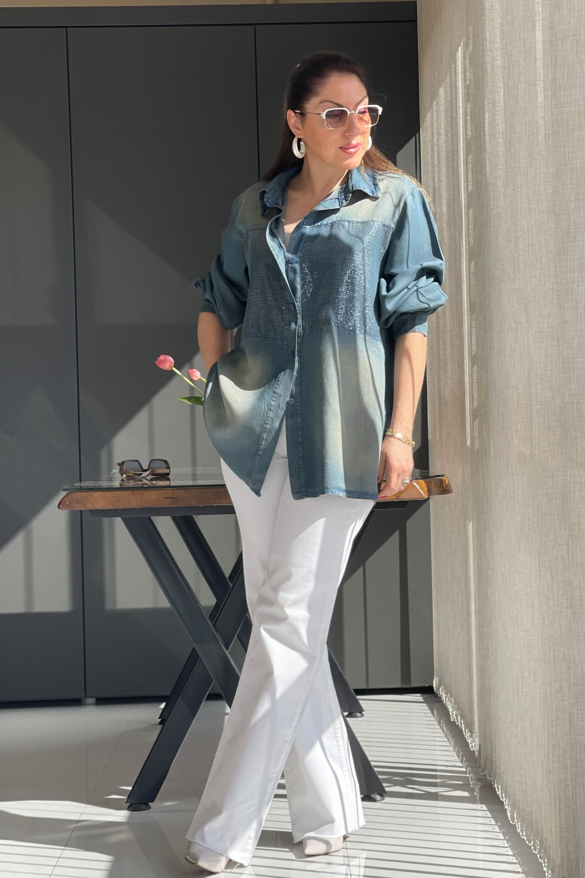 Women Collar Sequined Patchwork Tencel Denim Shirt