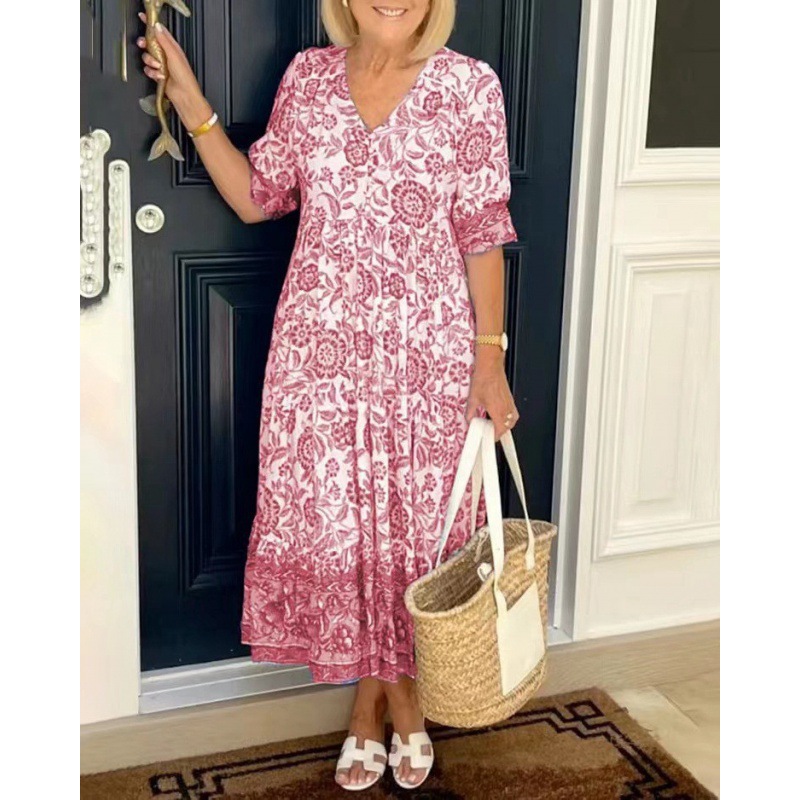 2024 New Large Size V-Neck Floral Dress