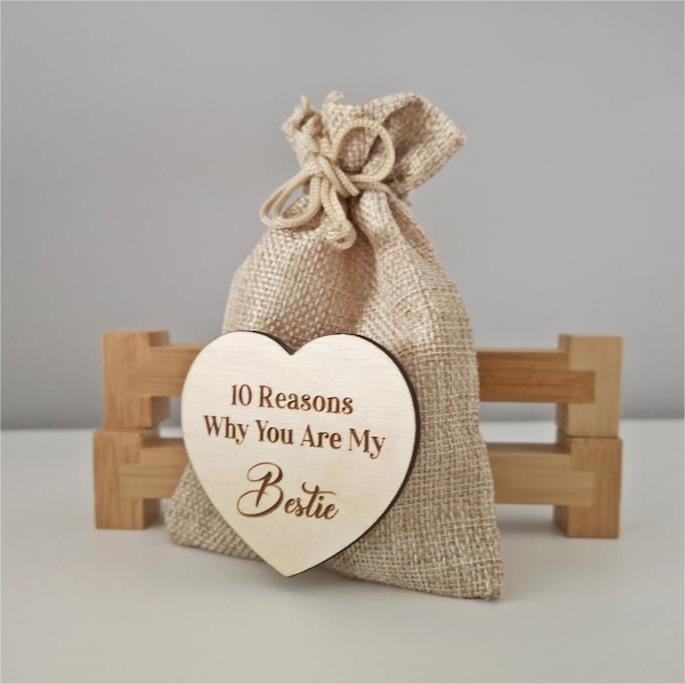 Wooden Friendship Gifts🎁-10 Reasons Why You Are My Bestie Jute Bag With Hearts🧡