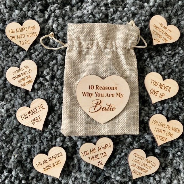 Wooden Friendship Gifts🎁-10 Reasons Why You Are My Bestie Jute Bag With Hearts🧡