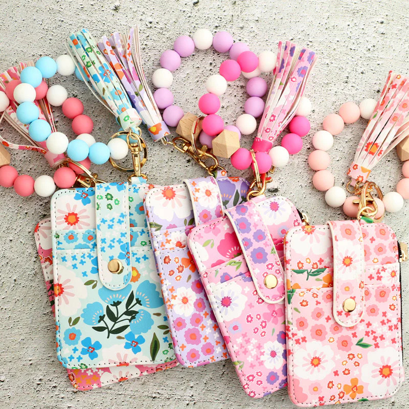 Women's Boho Style Beaded & Tassel Decorated Keychain with Flower Pattern Wallet
