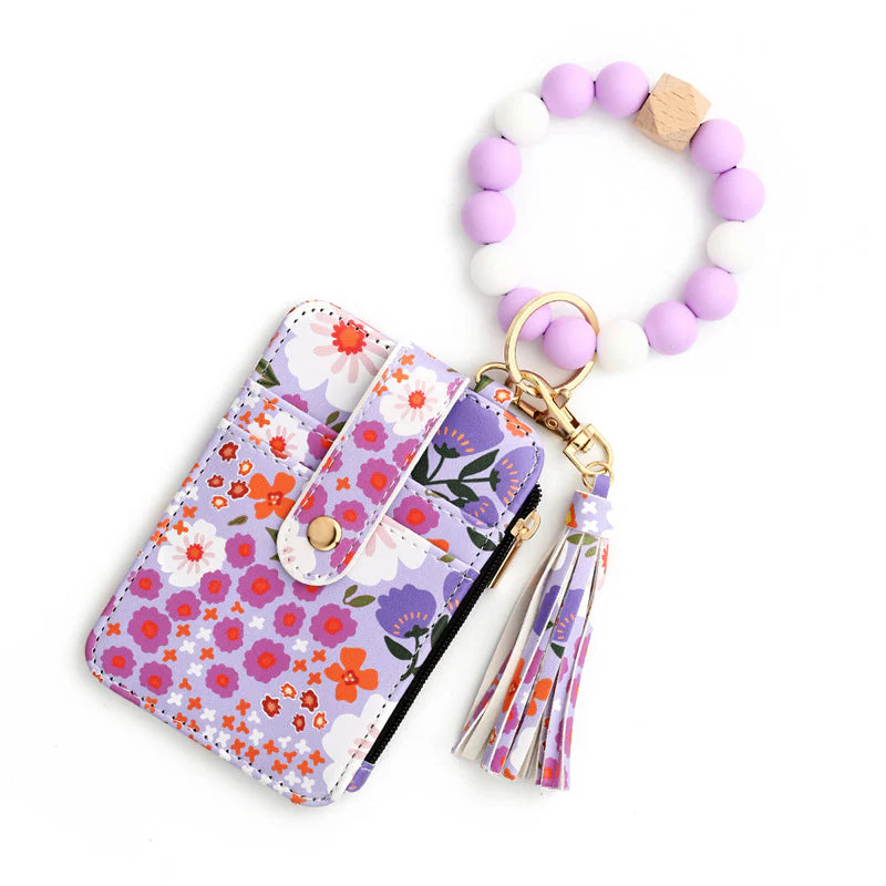 Women's Boho Style Beaded & Tassel Decorated Keychain with Flower Pattern Wallet