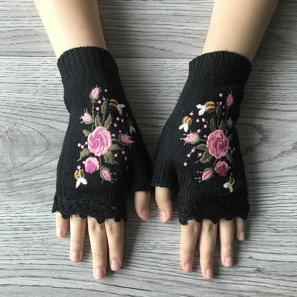 Hand Embroidered Gloves Women's Knitted Gloves Flower Gloves