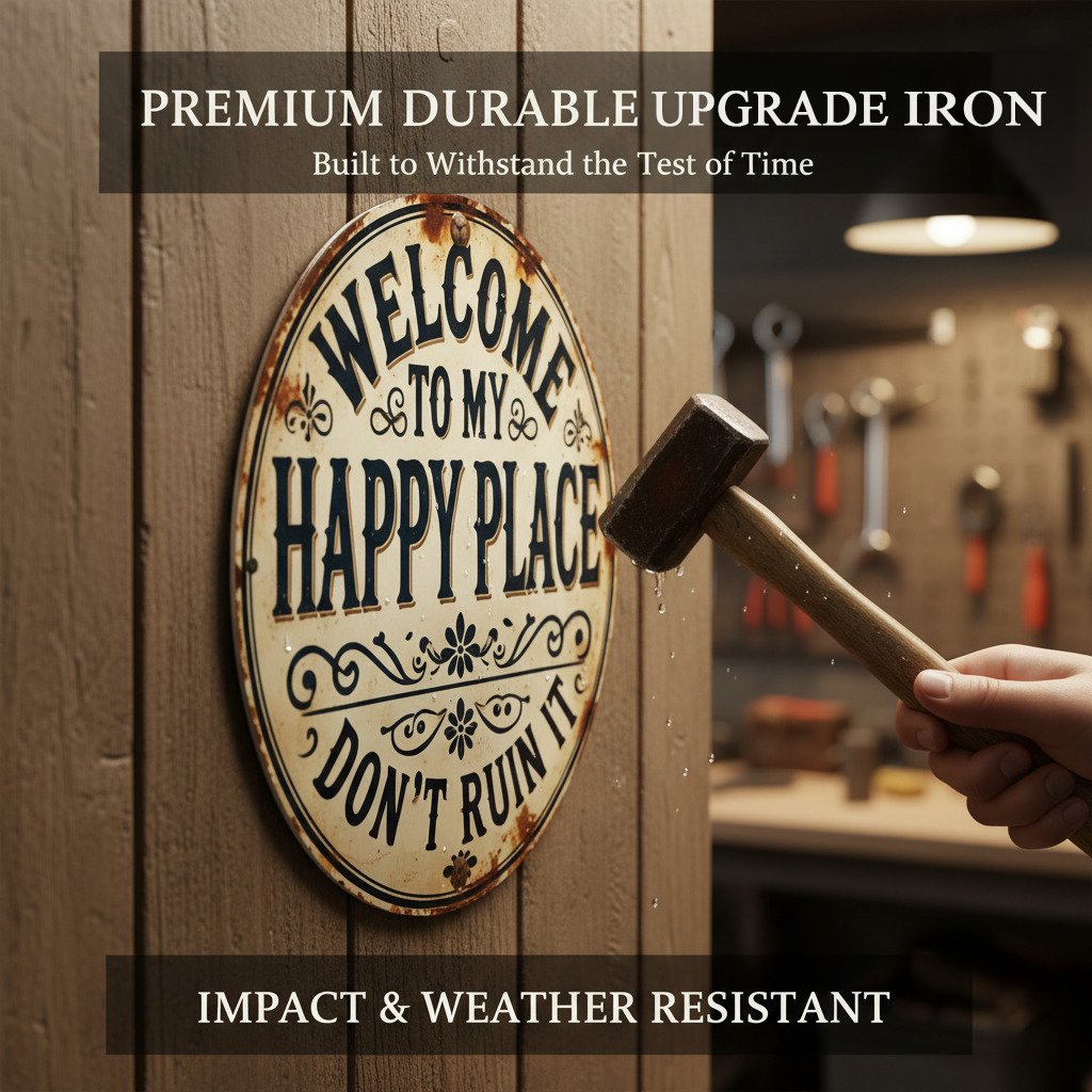 Vintage Round Metal Sign Welcome To My Happy Place