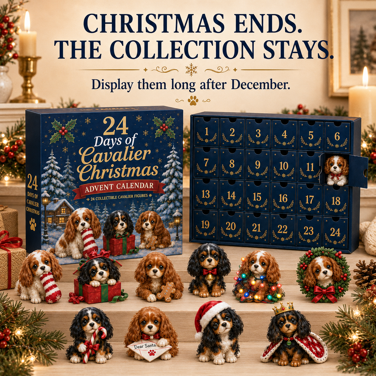 Christmas Cavalier collection displayed as decorations