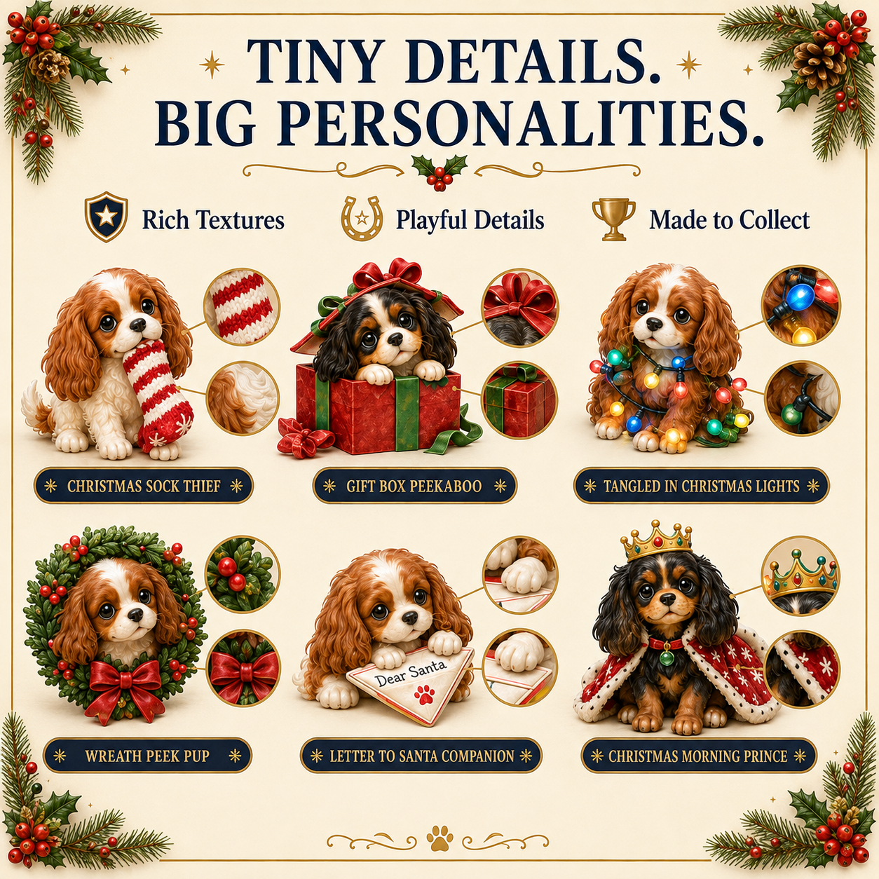 Close-up details of Christmas Cavalier collectible figures