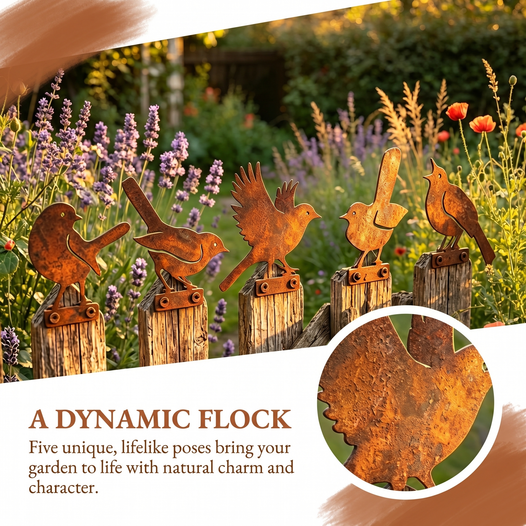 5-Piece Lifelike Rusty Metal Bird Silhouettes Garden Art