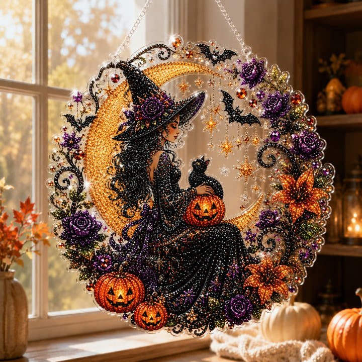 🔥Last Day 50% OFF-🎃Halloween Black Cat Moon Diamond Art Hanging Ornament Kit
