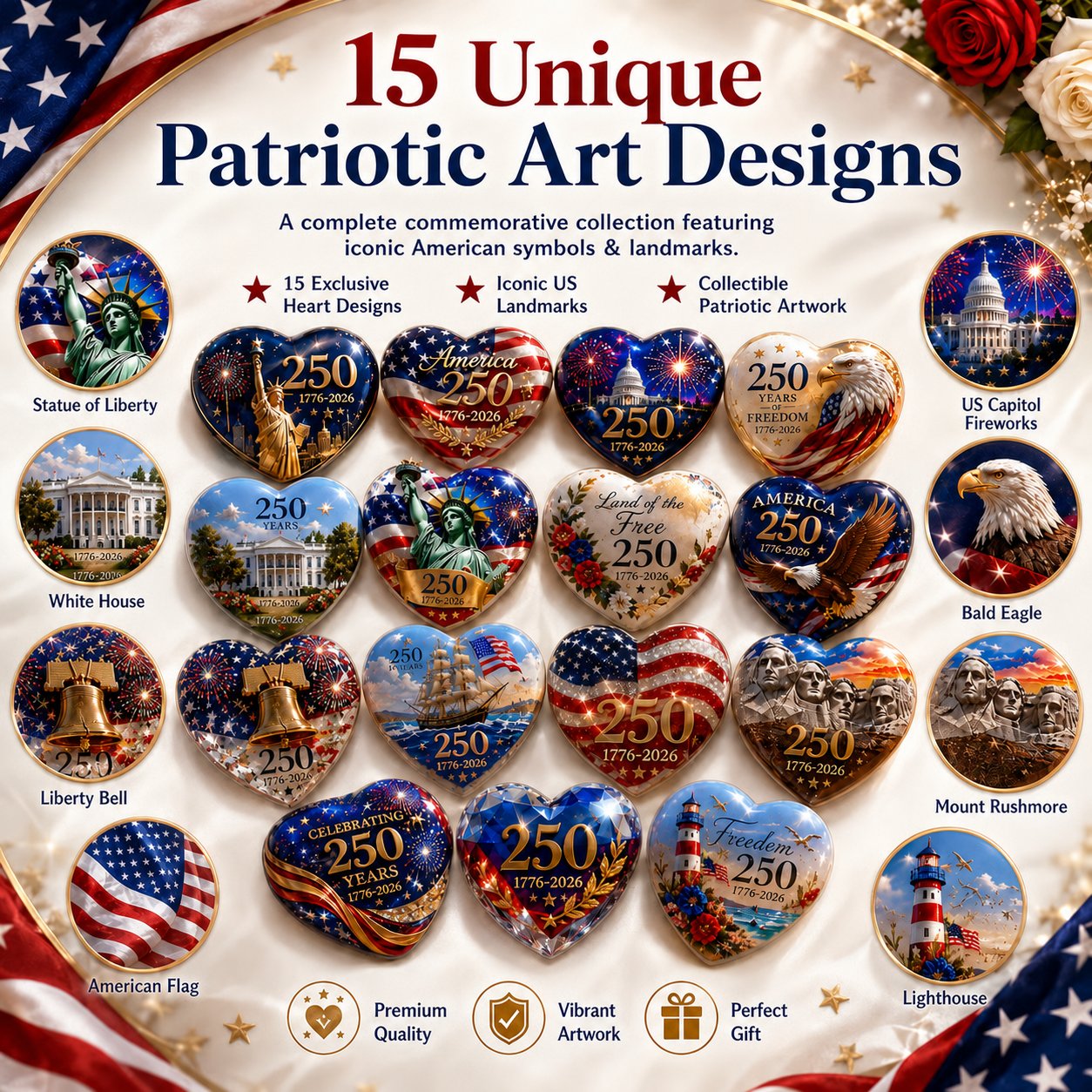 🇺🇸 America 250th Anniversary Commemorative Heart Ornament Collection | 15-Piece Patriotic Keepsake Set🎁
