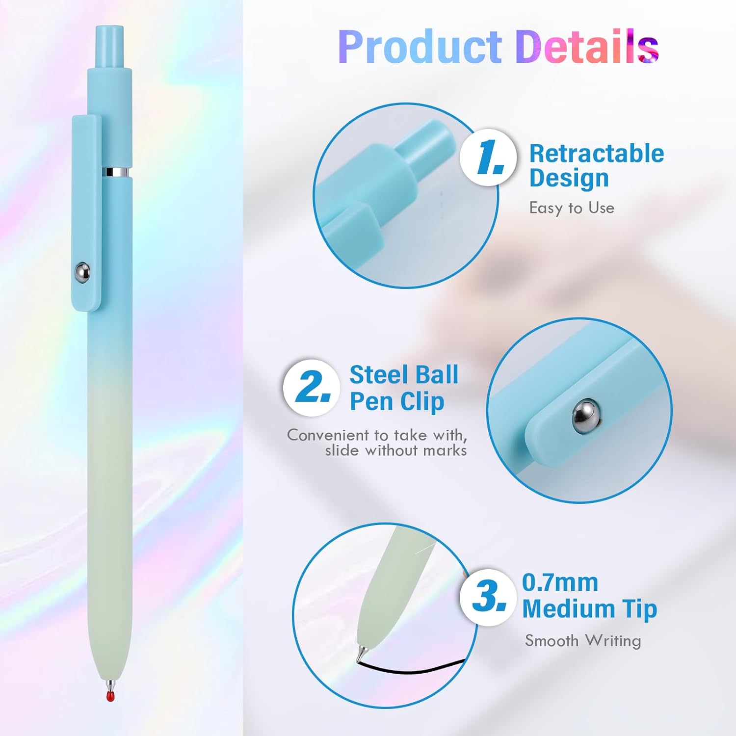 5 Pcs Gel Ink Pens, 0.7mm Medium Tip Black Ink Roller Ball Pens, Quick Drying Pens for Smooth Writing