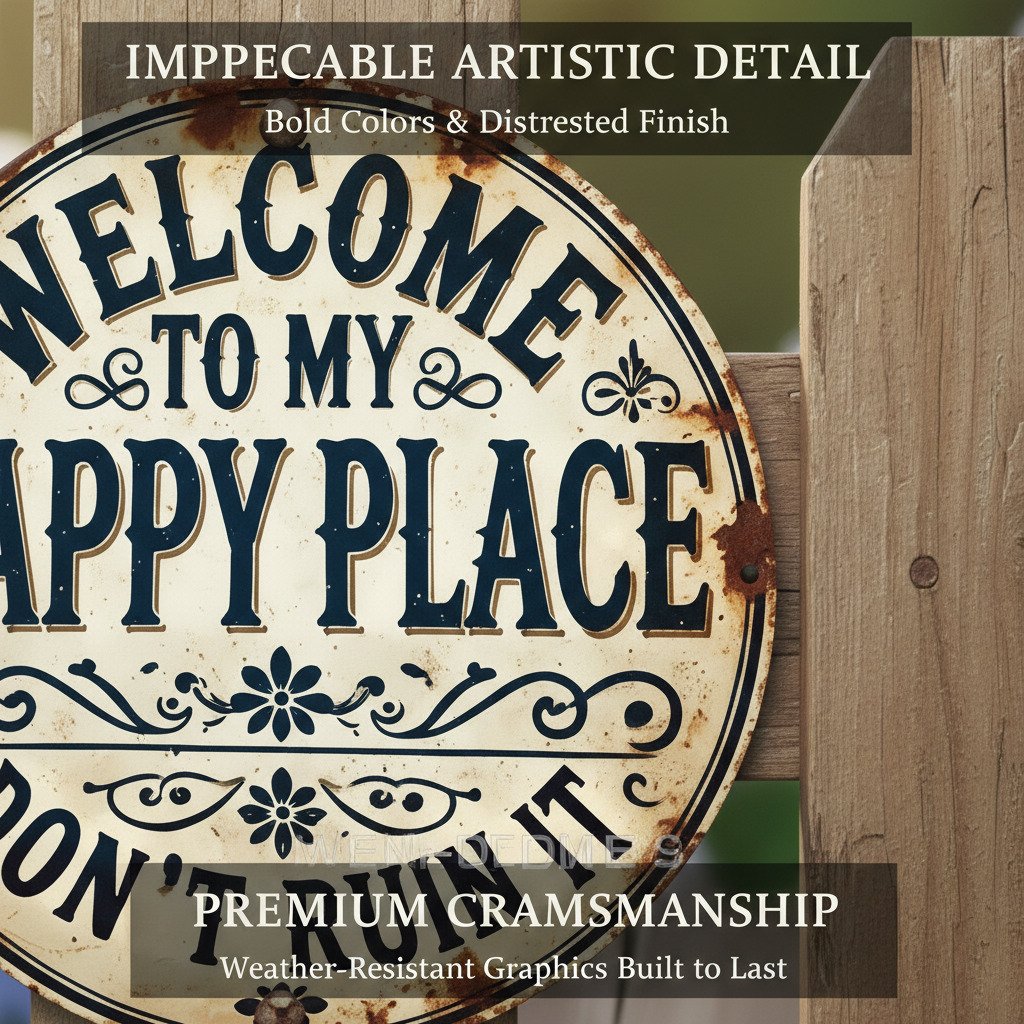 Vintage Round Metal Sign Welcome To My Happy Place
