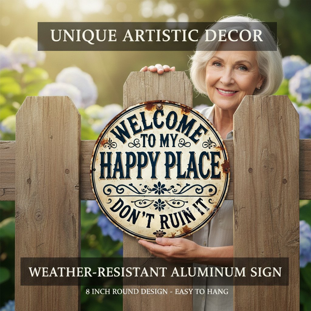 Vintage Round Metal Sign Welcome To My Happy Place