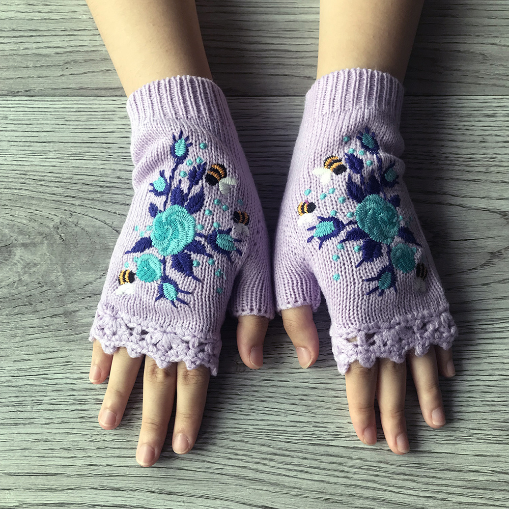 Hand Embroidered Gloves Women's Knitted Gloves Flower Gloves