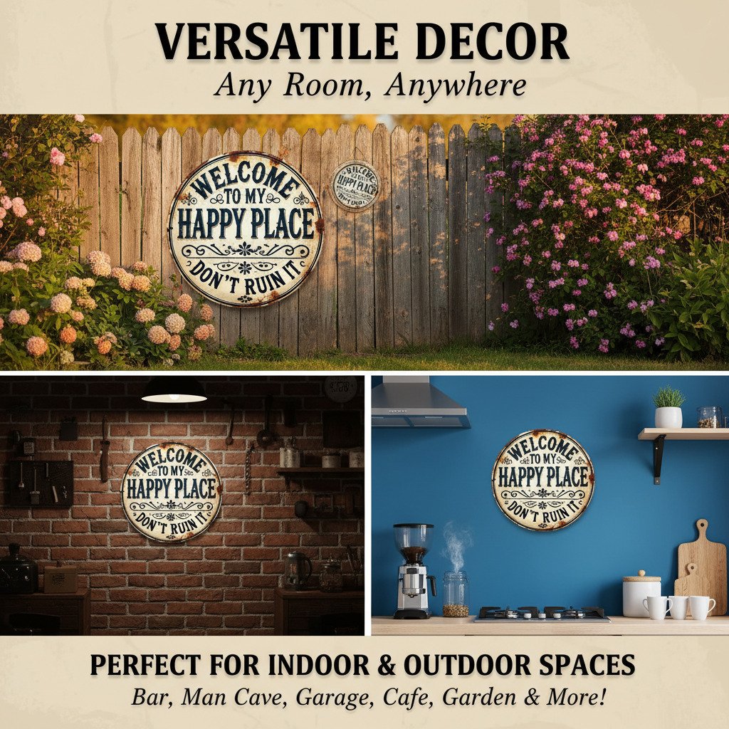 Vintage Round Metal Sign Welcome To My Happy Place