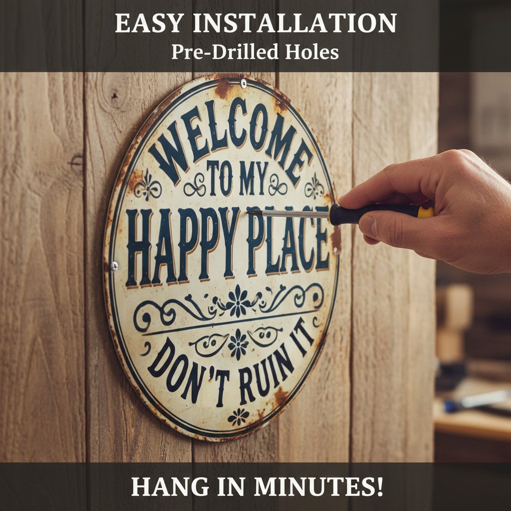 Vintage Round Metal Sign Welcome To My Happy Place