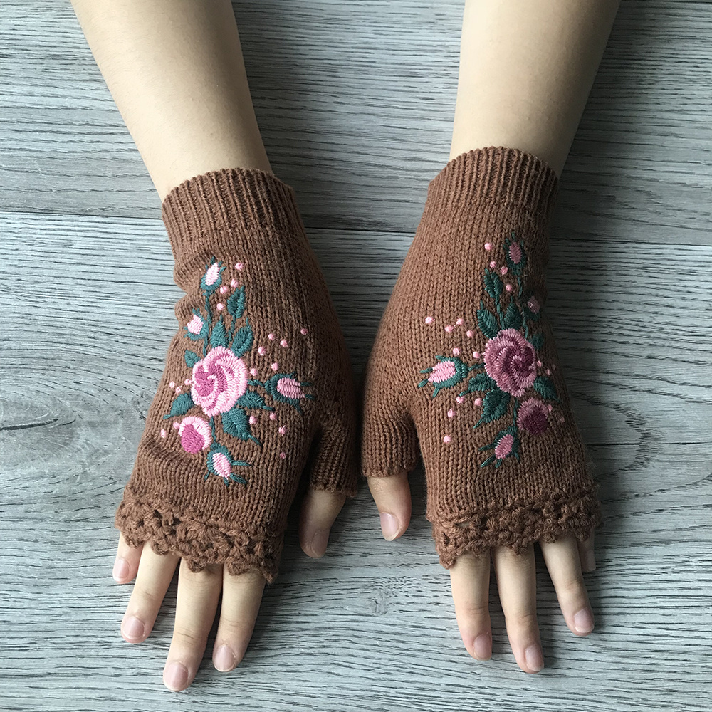 Hand Embroidered Gloves Women's Knitted Gloves Flower Gloves