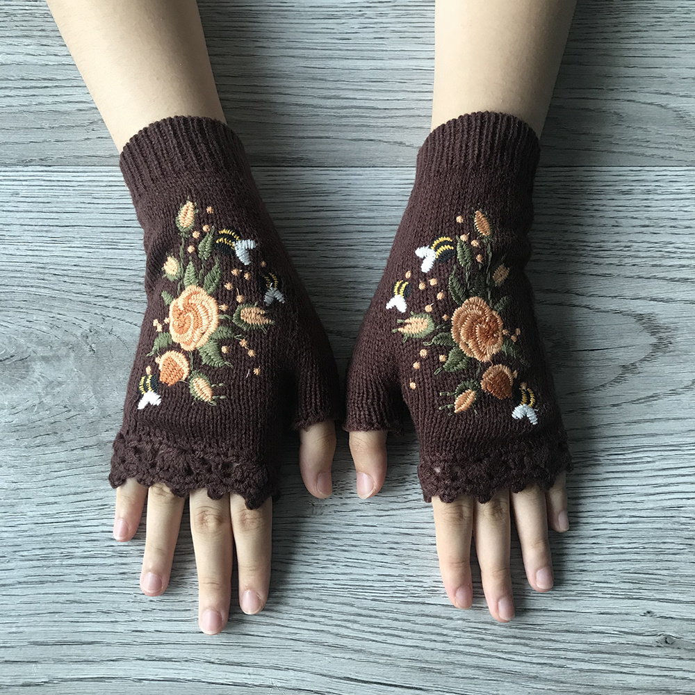 Hand Embroidered Gloves Women's Knitted Gloves Flower Gloves