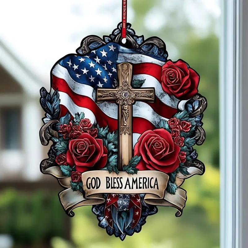 God Bless America Patriotic Cross Window Hanging