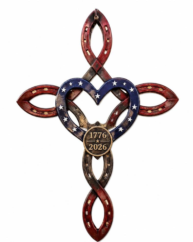 front view of America 250th patriotic horseshoe cross
