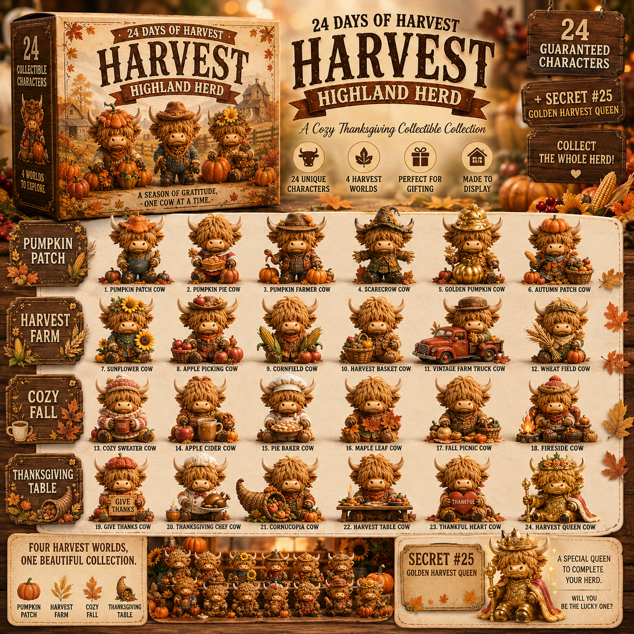 🍂 24-Day Highland Cow Harvest Countdown Calendar – 24 Collectible Fall Figurines  🐮🎃