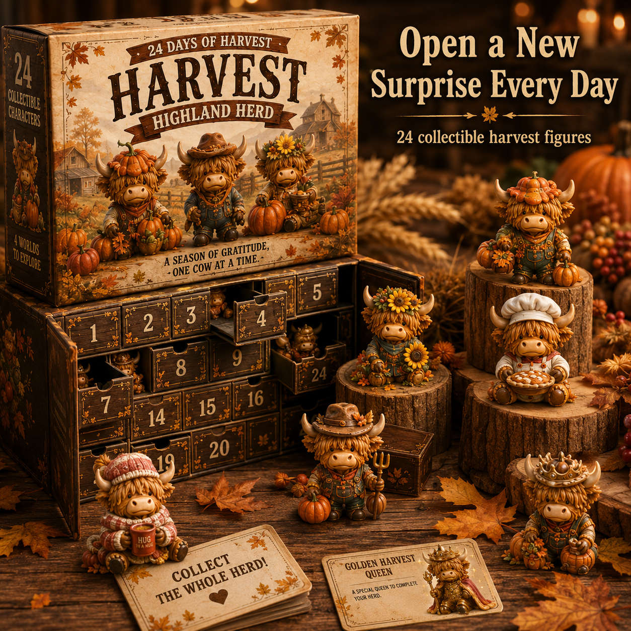 🍂 24-Day Highland Cow Harvest Countdown Calendar – 24 Collectible Fall Figurines  🐮🎃