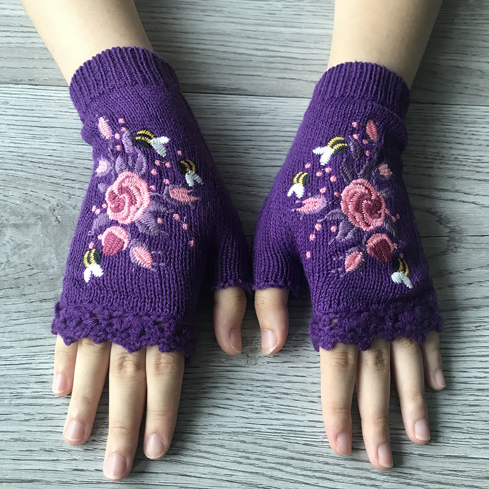 Hand Embroidered Gloves Women's Knitted Gloves Flower Gloves