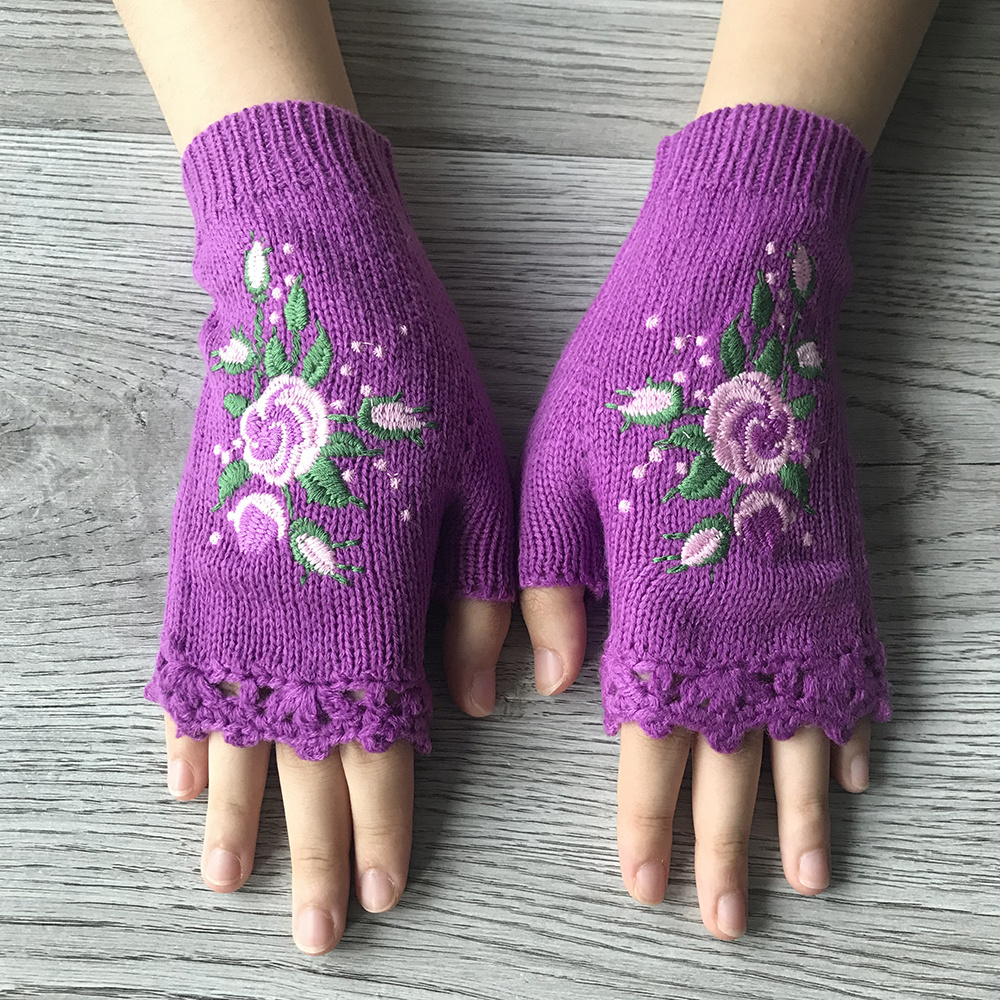 Hand Embroidered Gloves Women's Knitted Gloves Flower Gloves