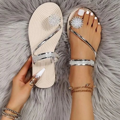 🔥Summer Discount - 49% OFF🌹BUY 2 FREE SHIPPING-🔥2023 summer new shiny flat shoes rhinestone sandals