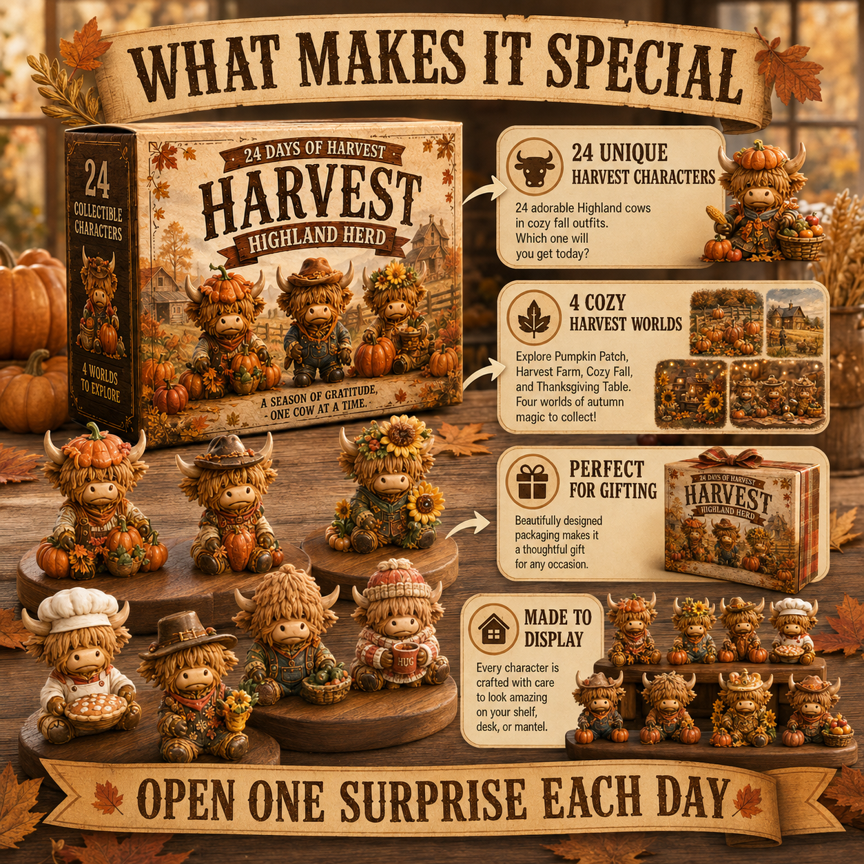 🍂 24-Day Highland Cow Harvest Countdown Calendar – 24 Collectible Fall Figurines  🐮🎃