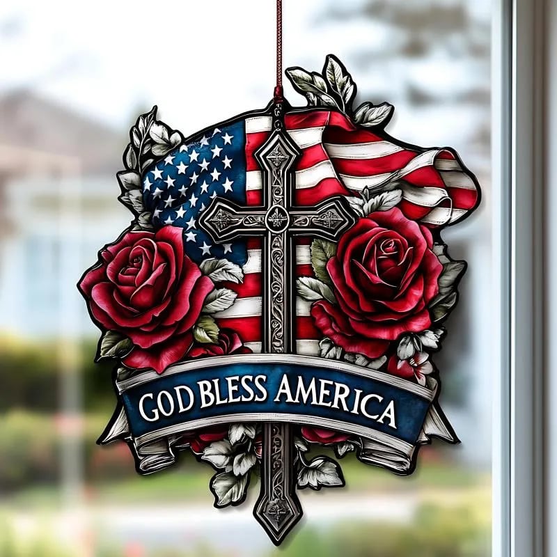 God Bless America Patriotic Cross Window Hanging