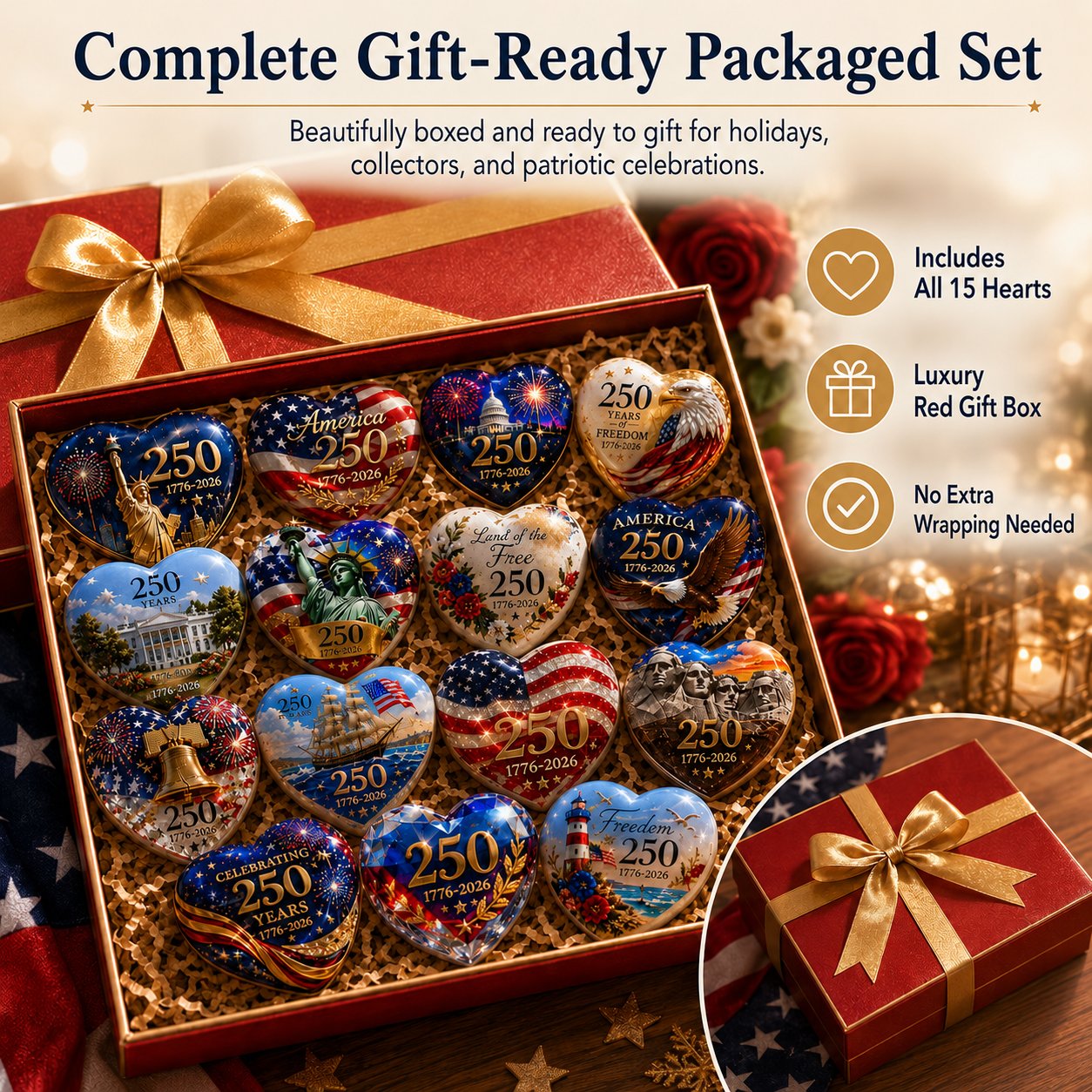 🇺🇸 America 250th Anniversary Commemorative Heart Ornament Collection | 15-Piece Patriotic Keepsake Set🎁