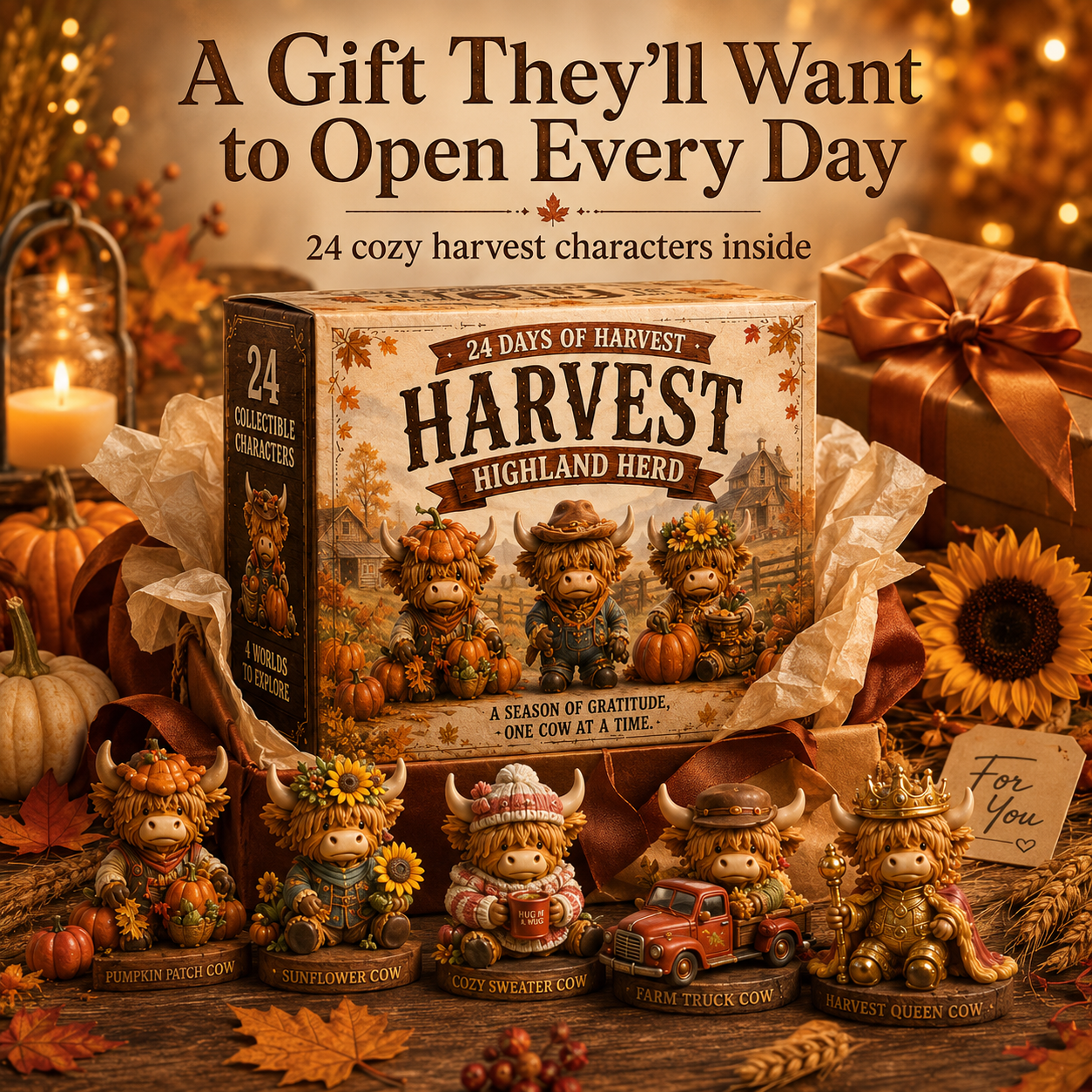 🍂 24-Day Highland Cow Harvest Countdown Calendar – 24 Collectible Fall Figurines  🐮🎃