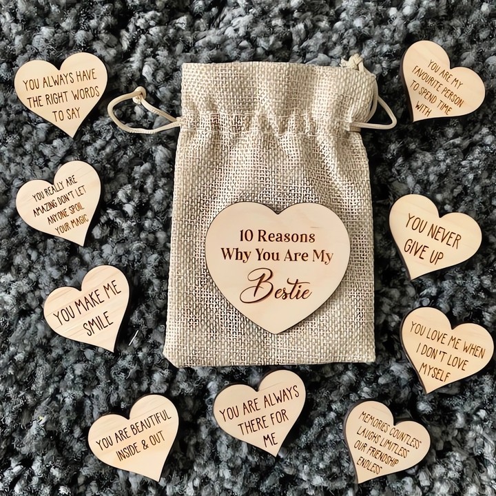 🎁Wooden Gift-10 Reasons Why You Are My Bestie Jute Bag With Hearts🧡