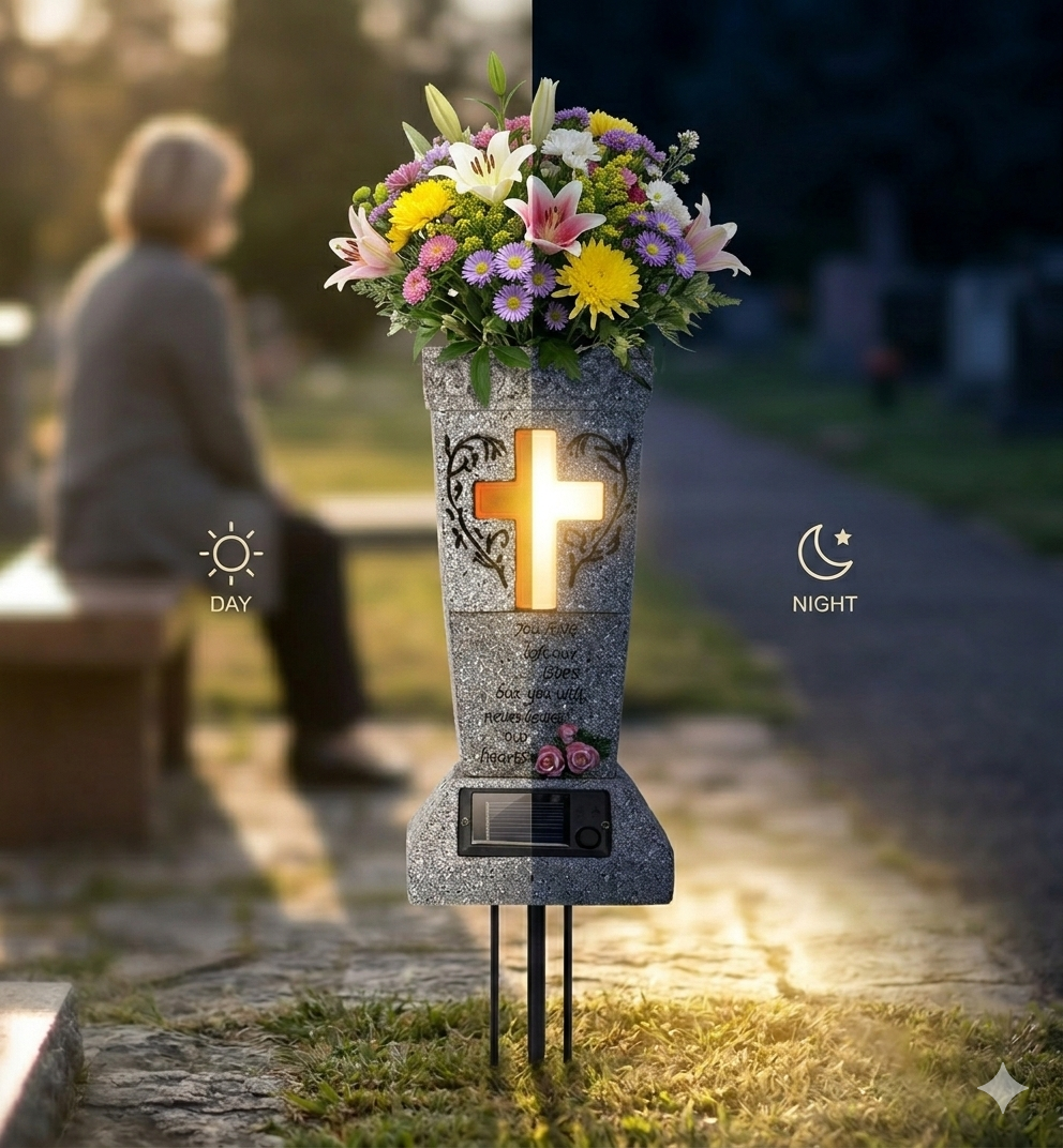 Solar Cemetery Grave Vase with LED for Fresh/Artificial Flowers Headstones Vases