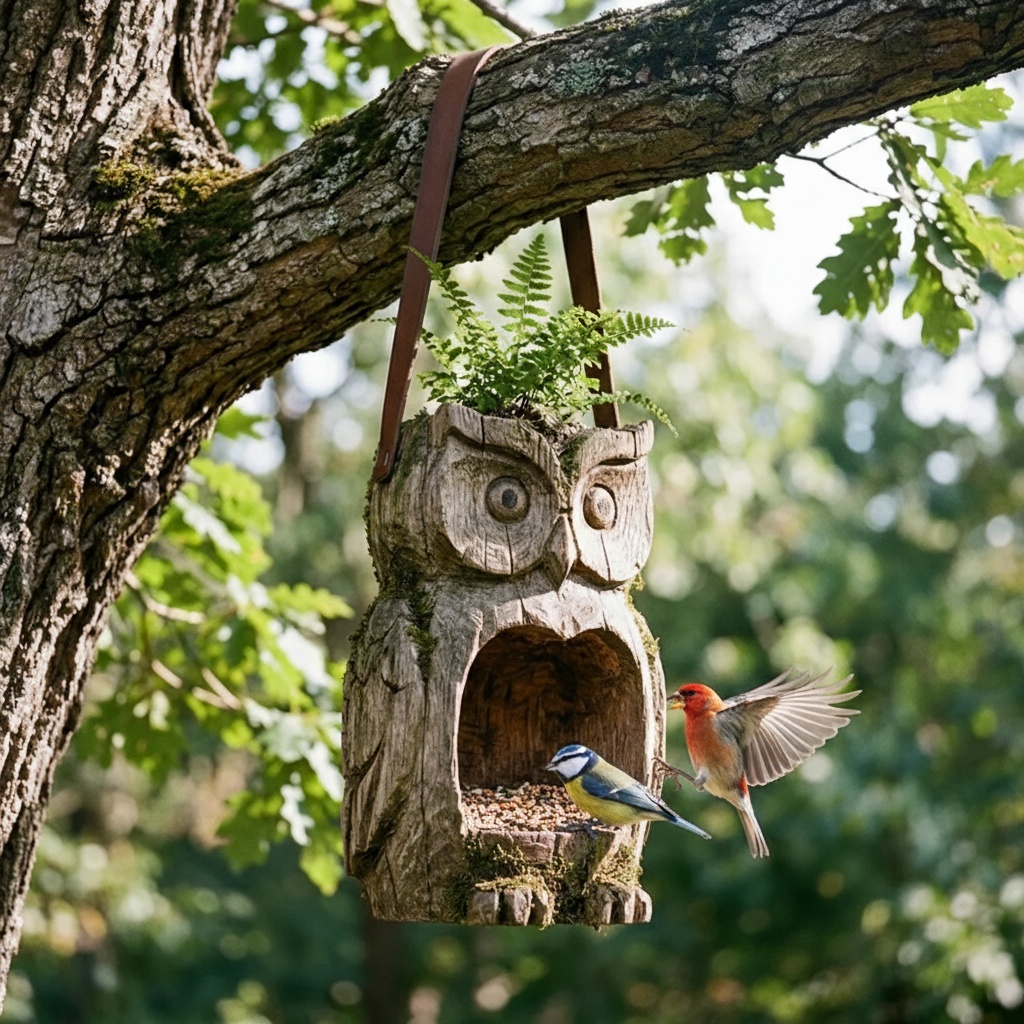 Hand-Carved Owl Bird Feeder