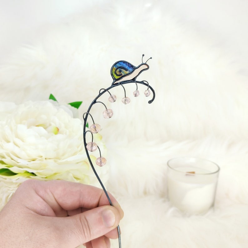 Stained Snail on Branch with Berries Plant Stake