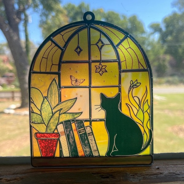 Black Cat And Book Suncatcher Ornament