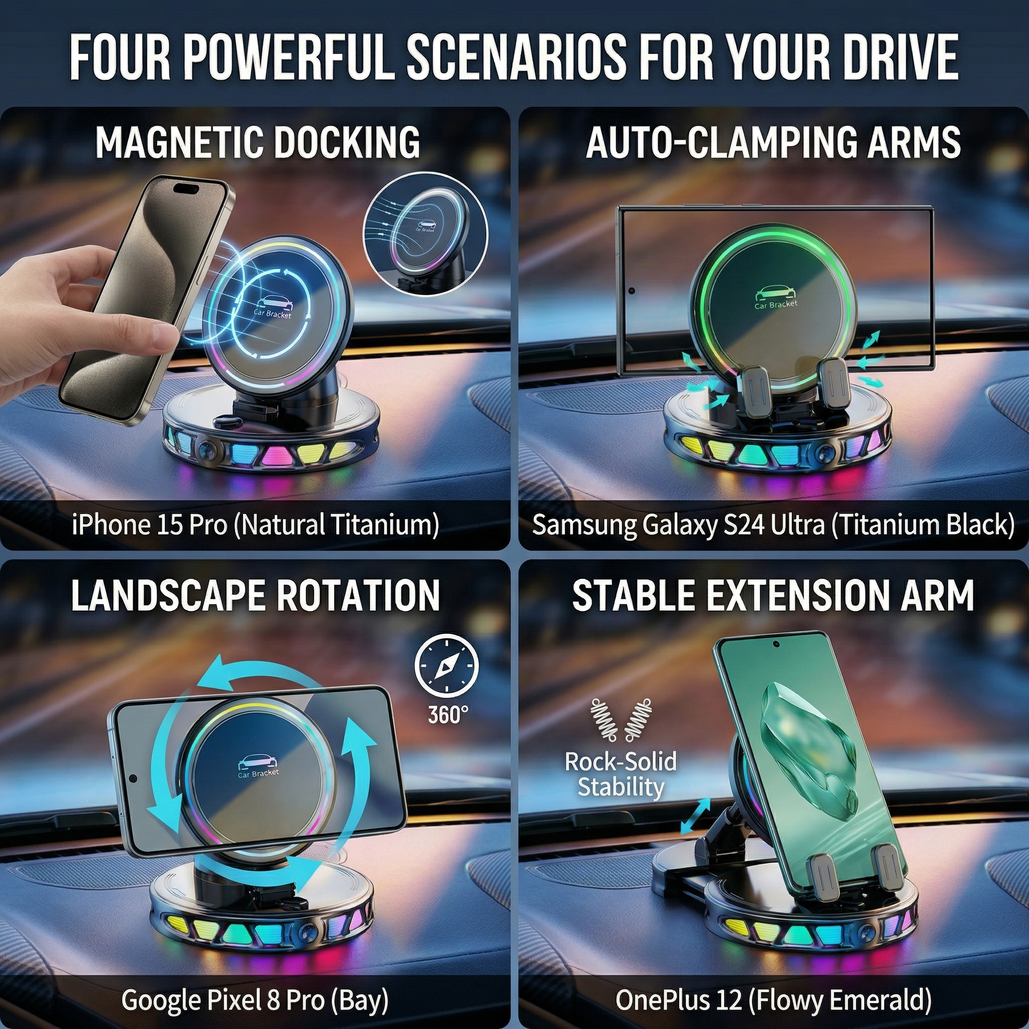 🚗 RGB Wireless Charging Car Phone Mount – Vacuum Suction & Ambient Light Edition