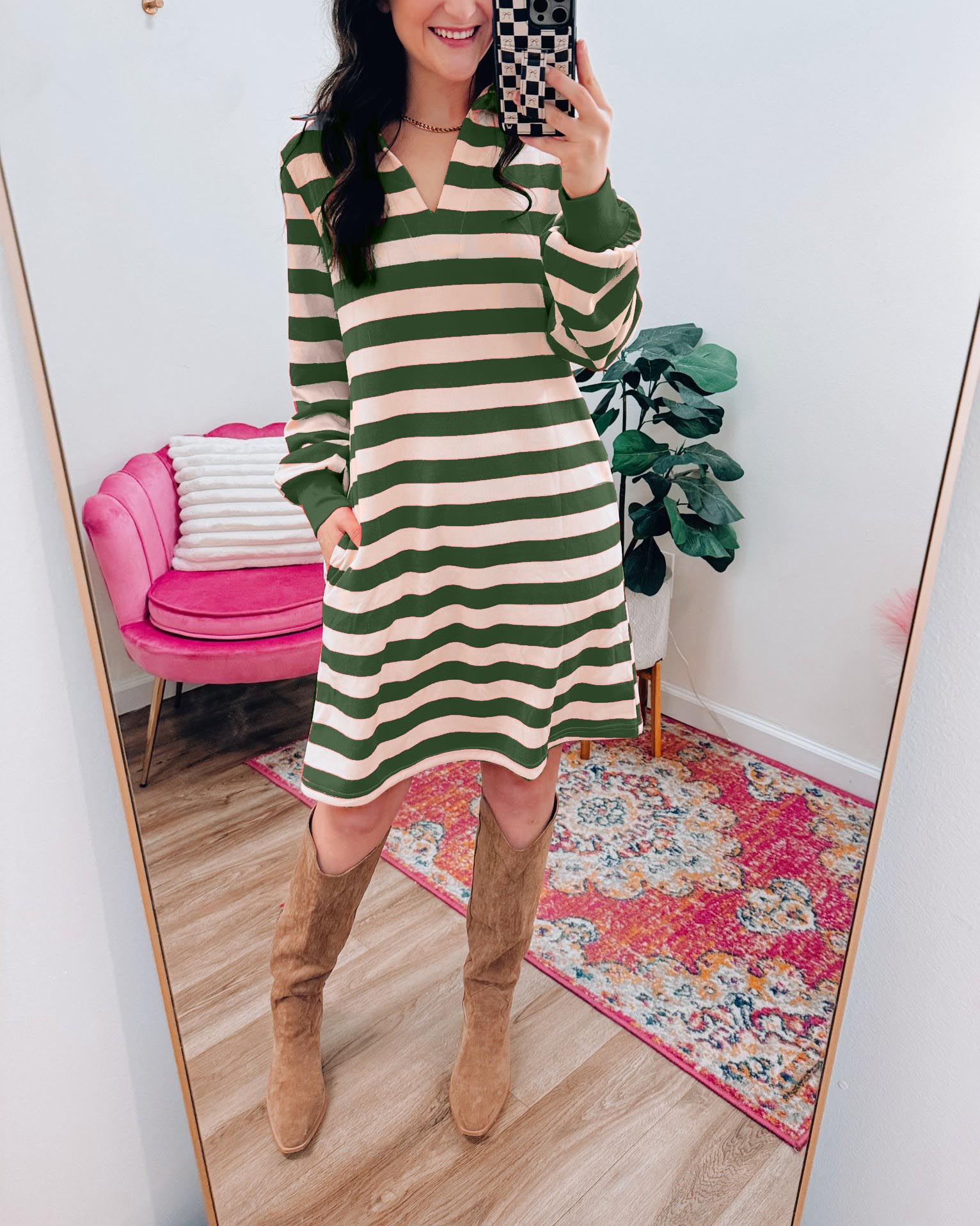 Casual Striped V-Neck Long Sleeve Loose Dress With Pockets (Buy 2 Free Shipping)