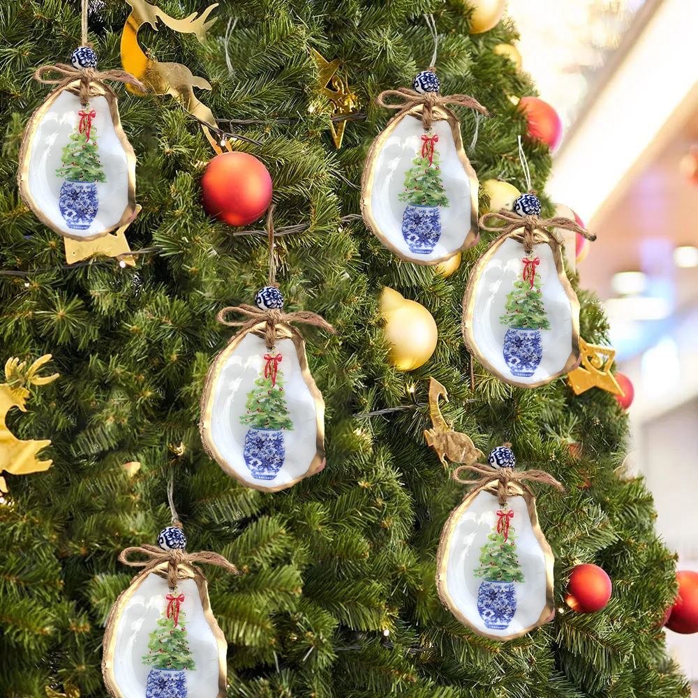 Handmade Blue and White Porcelain Oyster Shell Christmas Ornament
