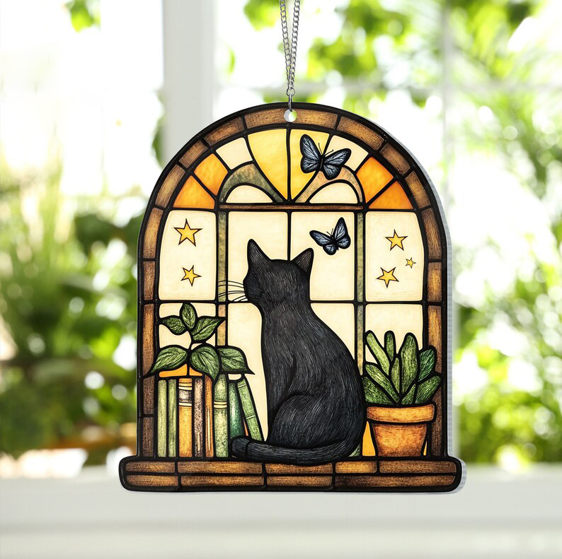 Black Cat And Book Suncatcher Ornament