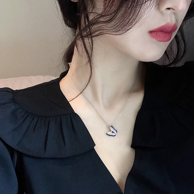 Butterfly Design Round Cut Blue Pendant Necklace