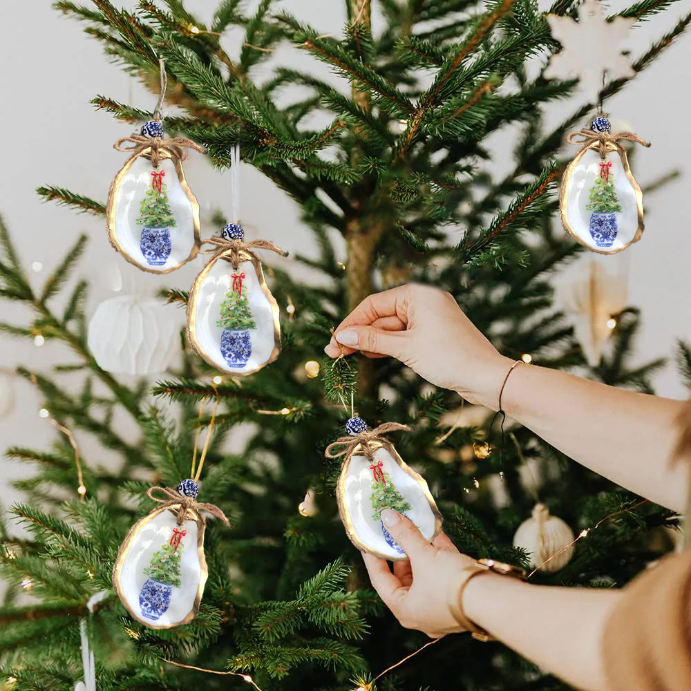 Handmade Blue and White Porcelain Oyster Shell Christmas Ornament
