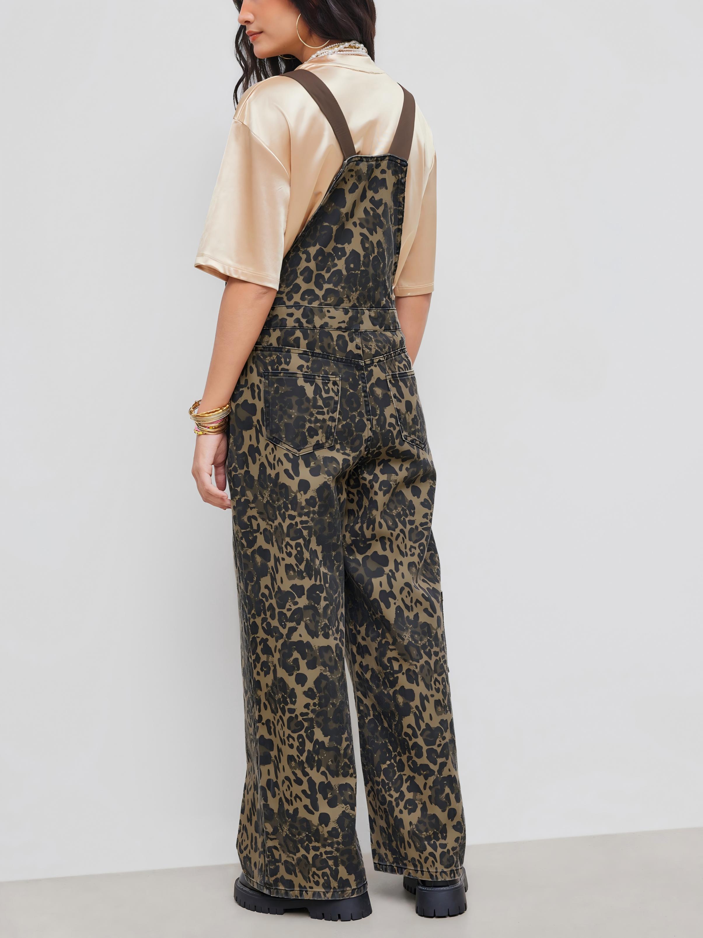 Leopard Pocket Buckle Up Wide Leg Oversized Jumpsuit (Buy 2 Free Shipping)
