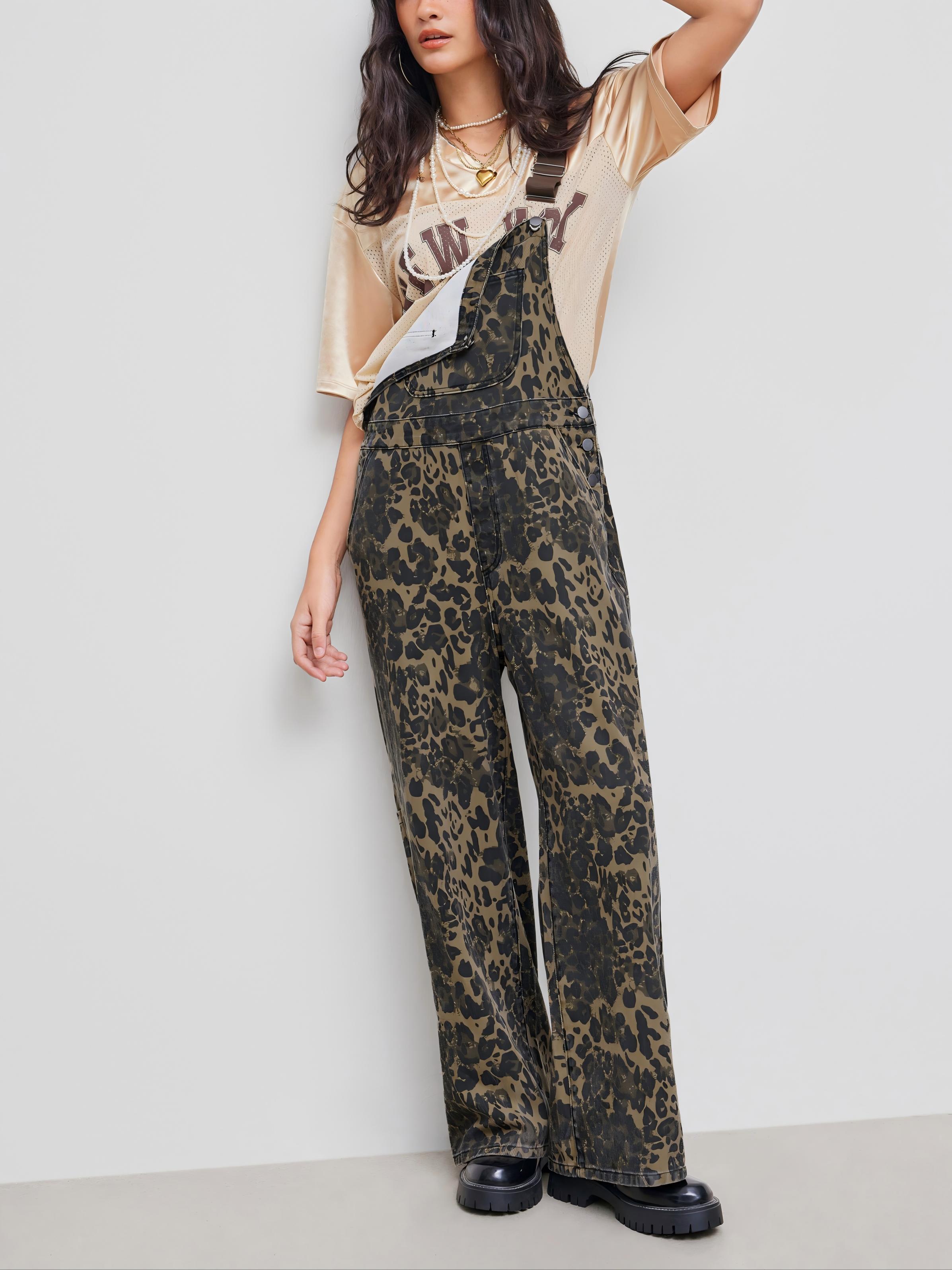 Leopard Pocket Buckle Up Wide Leg Oversized Jumpsuit (Buy 2 Free Shipping)