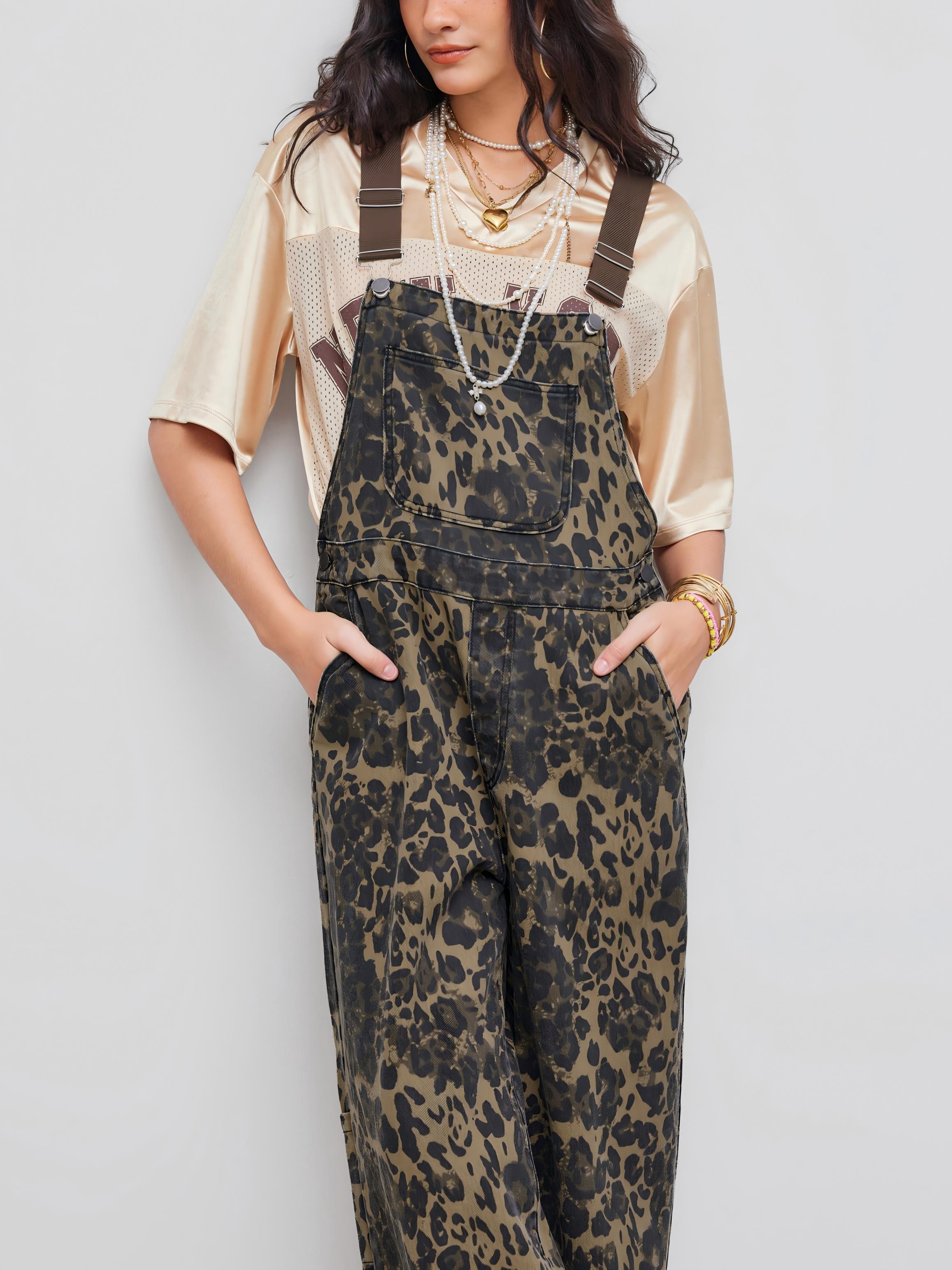 Leopard Pocket Buckle Up Wide Leg Oversized Jumpsuit (Buy 2 Free Shipping)