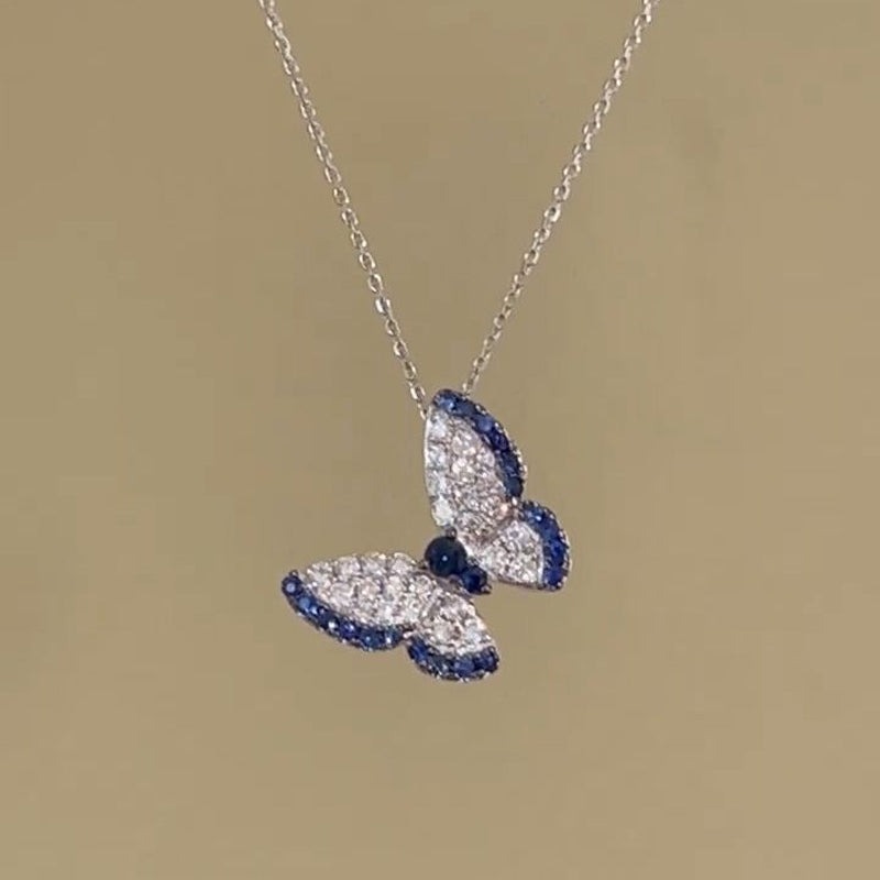 Butterfly Design Round Cut Blue Pendant Necklace