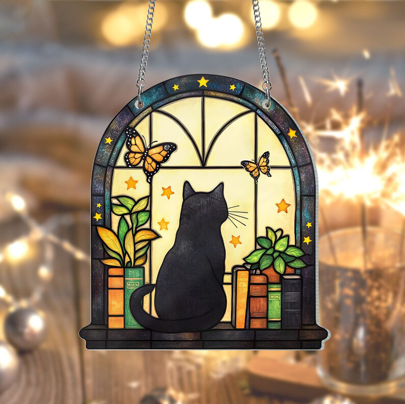 Black Cat And Book Suncatcher Ornament