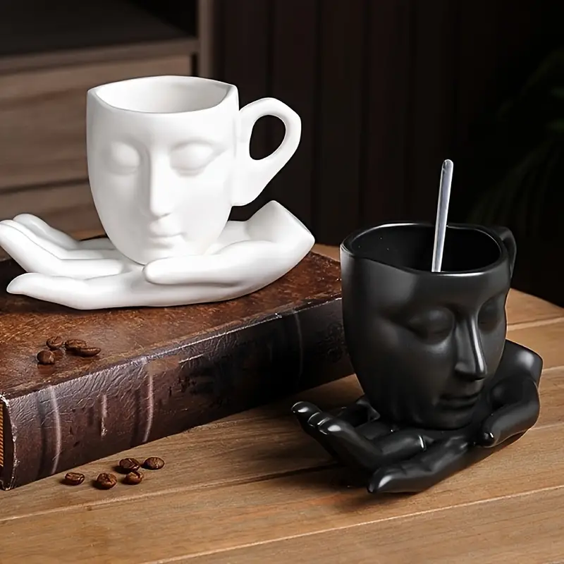 Ceramic Face Coffee Cup with Dish and Spoon